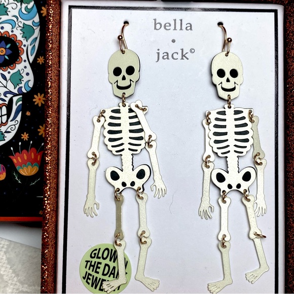 Bella Jack Skeleton Earrings Halloween Glow in the Dark  3” Segmented Metal BNIB - Picture 1 of 10